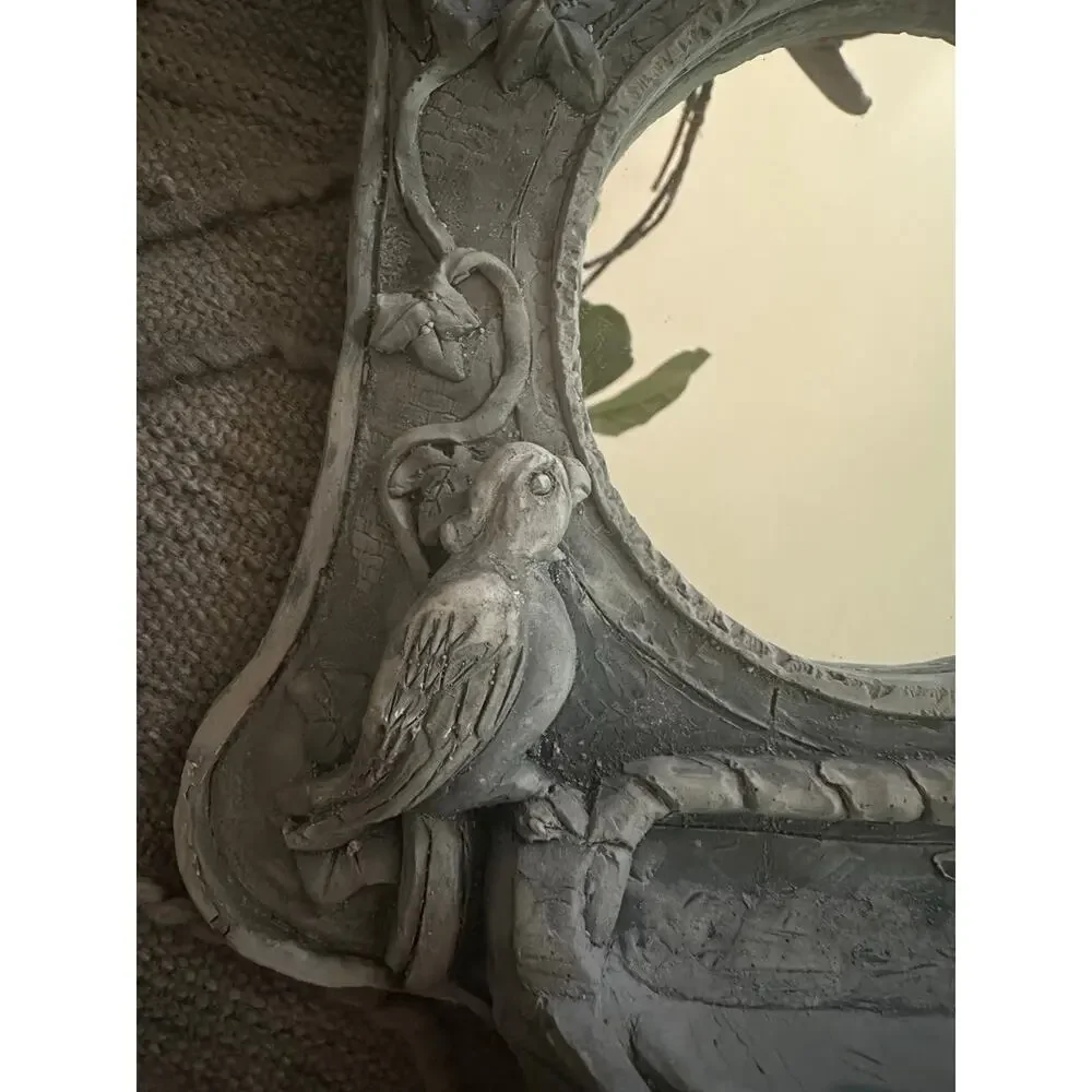 Vintage Pottery Mirror wall hanging hand made birds distressed heavy gray decor